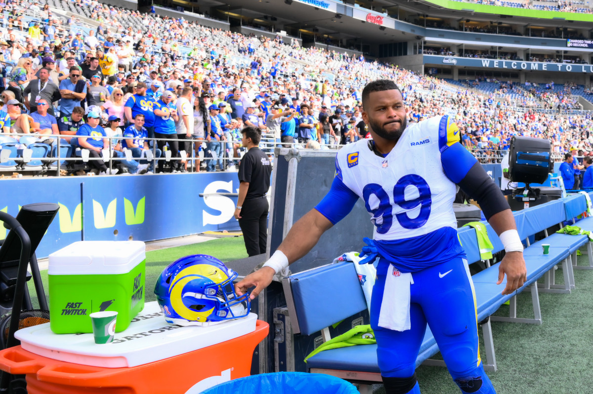 Aaron Donald and the Rams will wear their white uniform tops in Week 2. (Steven Bisig/USA Today)